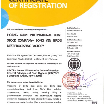 SONG YẾN CẬP NHẬT CHỨNG NHẬN ISO VÀ HACCP